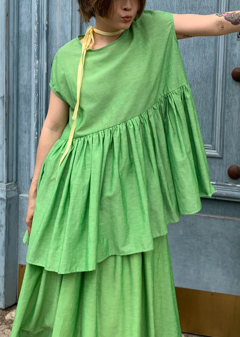 Loose Green O-neck Wrinkled Cotton Shirts Summer
