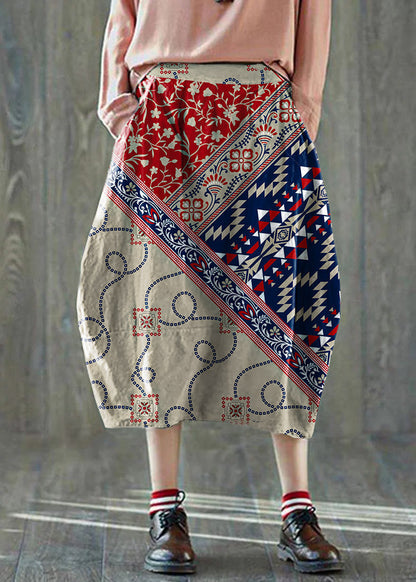 Boutique Red Geometry Pockets Lantern Cotton Linen Summer Skirt