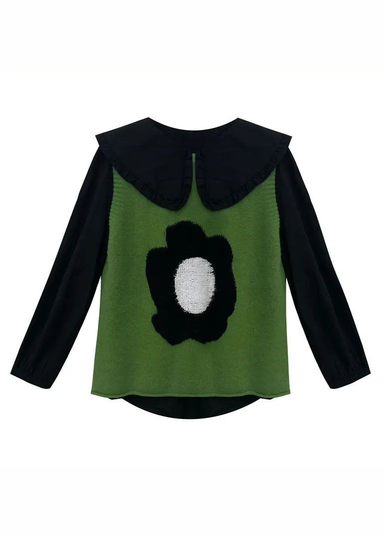 Green Cotton Knit Waistcoat Black Shirts and Pleated Skirt Three Pieces Set Long Sleeve