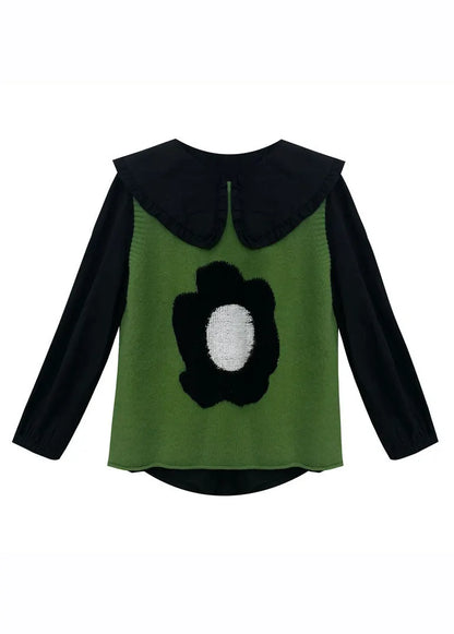 Green Cotton Knit Waistcoat Black Shirts and Pleated Skirt Three Pieces Set Long Sleeve