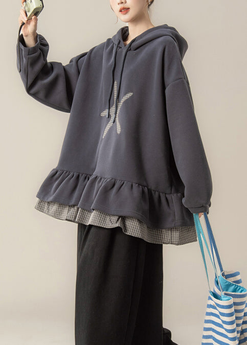 Dark Grey False Two Pieces Patchwork Hooded Cotton Sweatshirts Fall