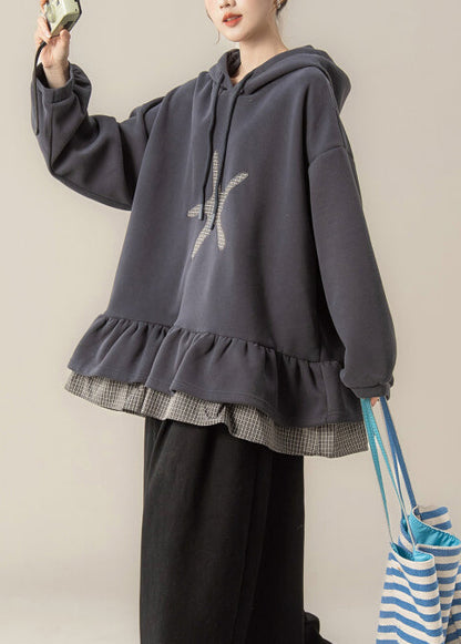 Dark Grey False Two Pieces Patchwork Hooded Cotton Sweatshirts Fall