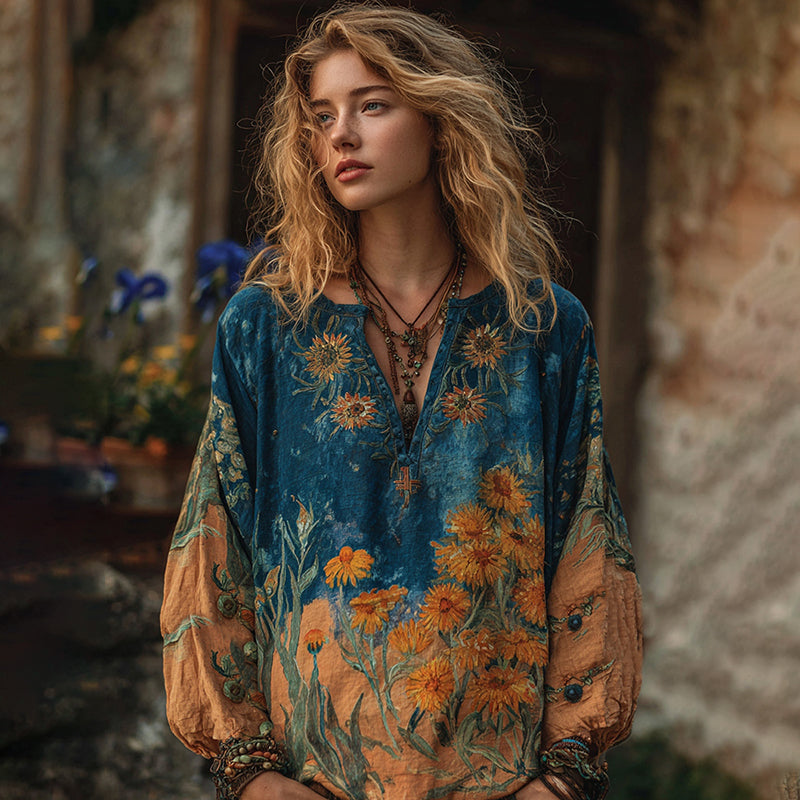 Oil Painting Iris And Sunflower Contrasting Shirt elevenforest