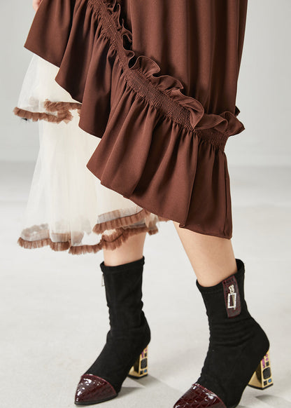 Brown Asymmetrical Patchwork Ruffled Tulle Skirts Spring