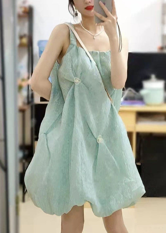 Green Square Collar Original Design Cotton Spaghetti Strap Dress Sleeveless