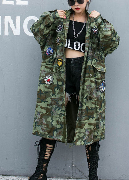 Camouflage Rivet Print Pockets Fall Denim Long Sleeve Trench Coats Coat