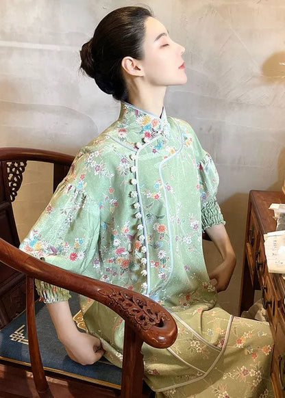 Handmade Light Green Embroidered Button Silk Top and Maxi Skirts Two Pieces Set Fall