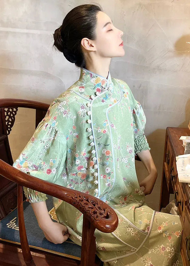Handmade Light Green Embroidered Button Silk Top and Maxi Skirts Two Pieces Set Fall