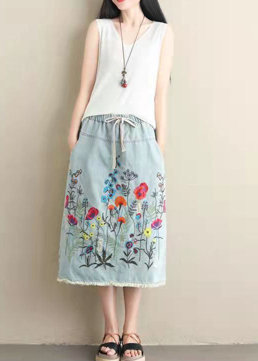 Light Blue Embroideried Pockets A-line Summer Denim Skirts