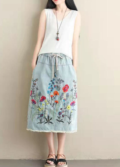 Light Blue Embroideried Pockets A-line Summer Denim Skirts