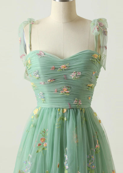 Fine Green Embroidered Wrinkled Patchwork Tulle Dresses Summer