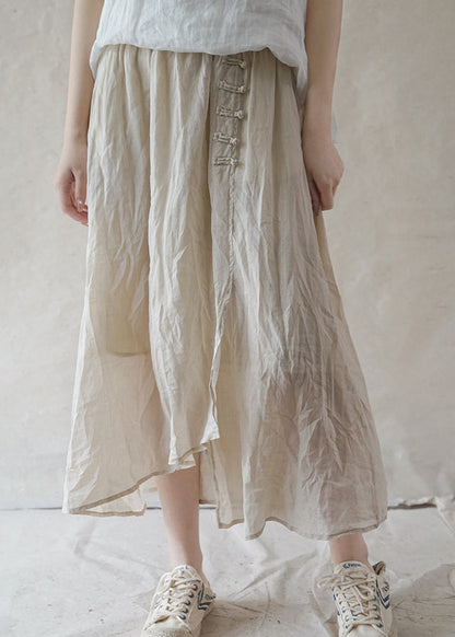 Beige Linen Skirts Elastic Waist Button Asymmetrical Design Spring