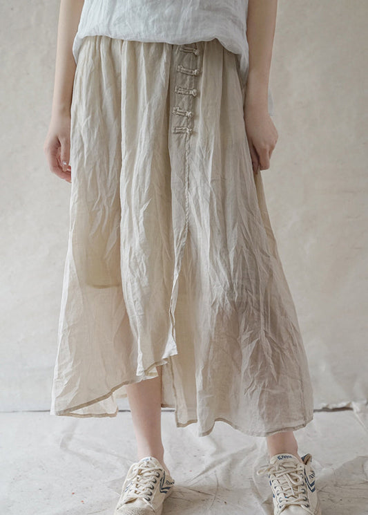 Beige Linen Skirts Elastic Waist Button Asymmetrical Design Spring