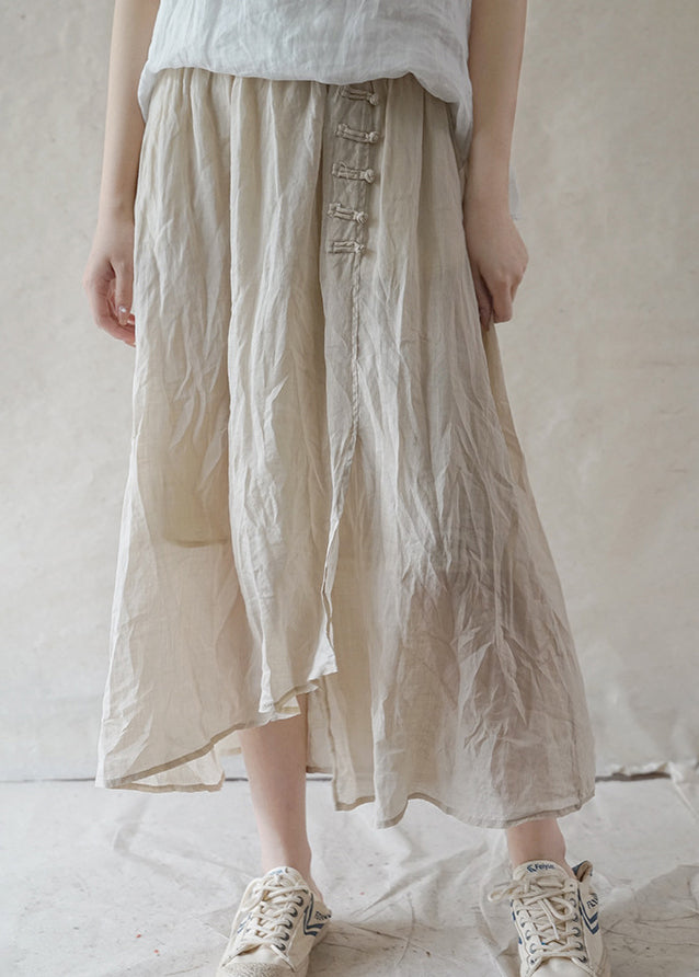Beige Linen Skirts Elastic Waist Button Asymmetrical Design Spring