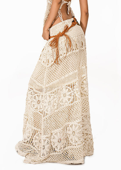 Simple Beige High Waist Hollow Out Knit Maxi Skirts