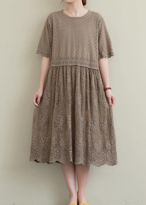 Chocolate Embroidery Cotton Tunics Patchwork Hollow Out Maxi Dress