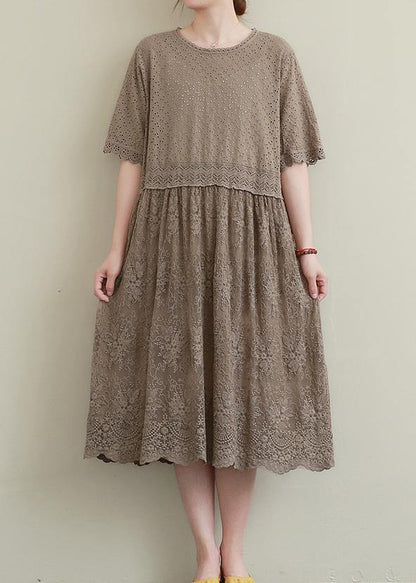 Chocolate Embroidery Cotton Tunics Patchwork Hollow Out Maxi Dress