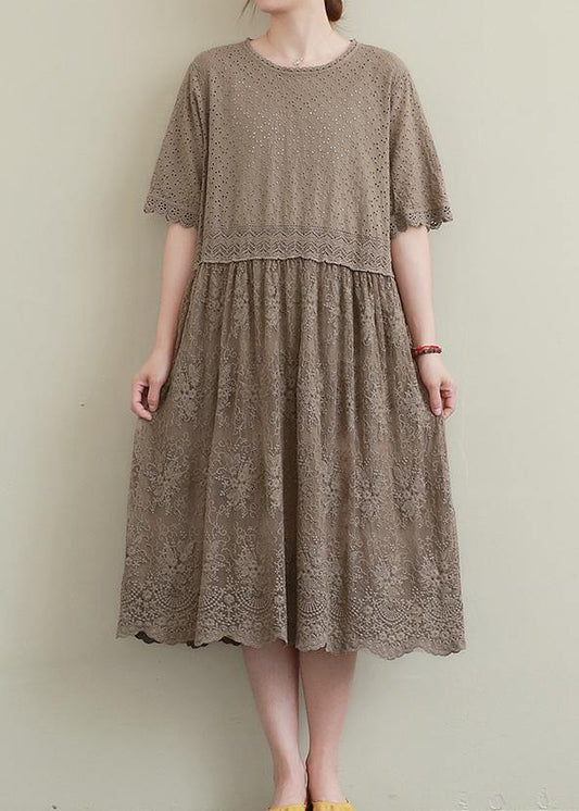 Chocolate Embroidery Cotton Tunics Patchwork Hollow Out Maxi Dress