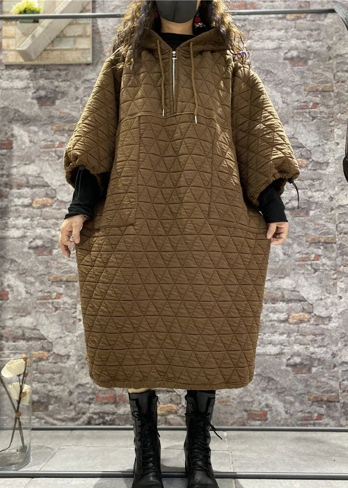 Classy Coffee Hooded Drawstring Fine Cotton Filled Dress Winter