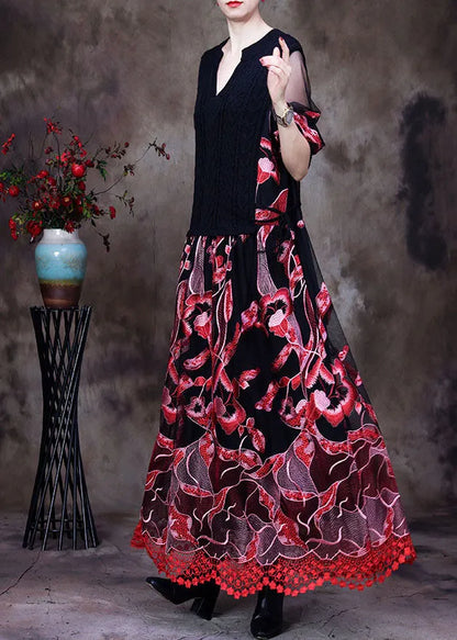 Red Lace Knit Dresses Embroideried