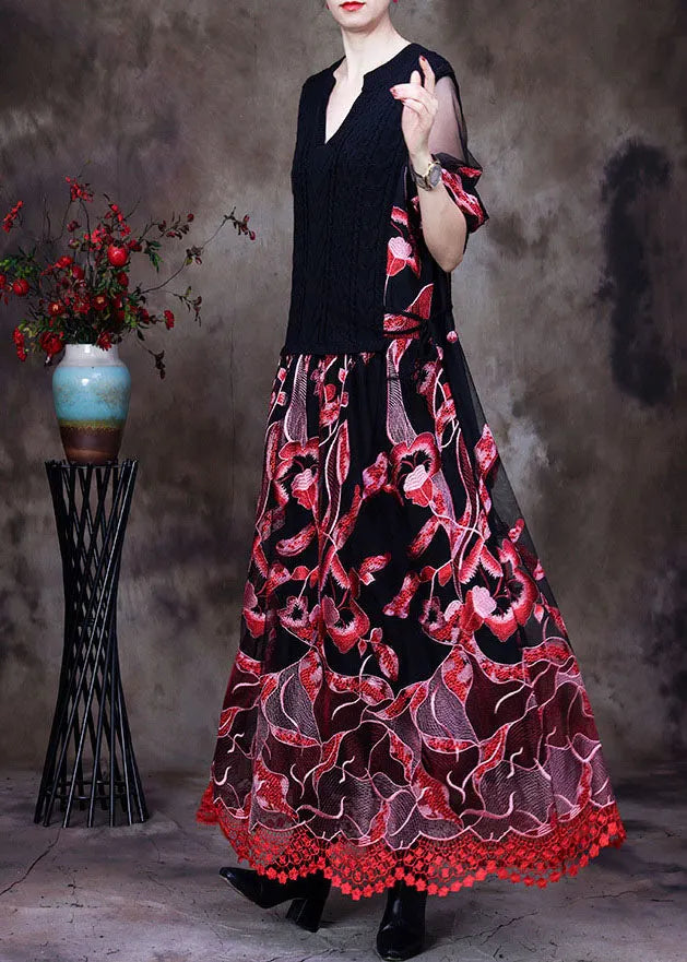 Red Lace Knit Dresses Embroideried