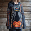 Halloween Cat In A Witch Hat & Pumpkin Lady Knit Hooded Sweater elevenforest