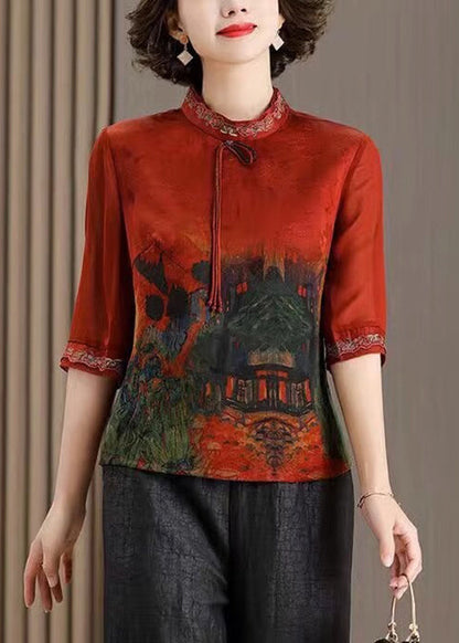 Green Tasseled Print Patchwork Silk Tops Half Sleeve
