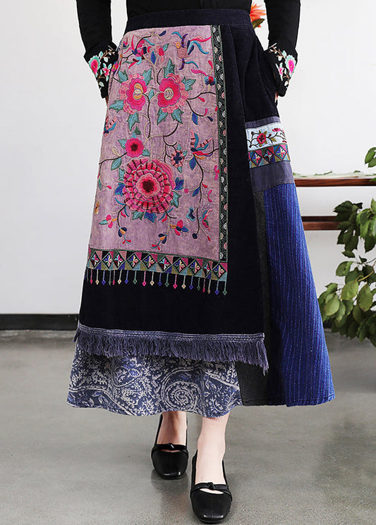 Retro Embroideried Pockets Elastic Waist Cotton a Line Skirt Fall