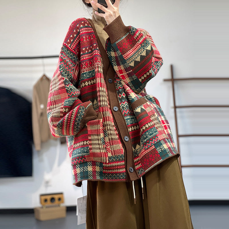 V-neck Jacquard Knitted Literary Thick Woolen Top
