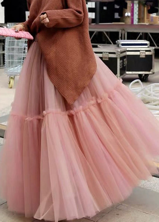 Pink High Waist Patchwork Pleated Tulle Fall Skirts