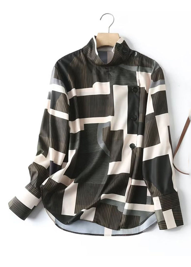 Dark Green Stand Collar Striped Patchwork Shirt Long Sleeve