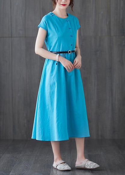 100% Blue Linen Dresses O Neck Patchwork Love Summer Dresses
