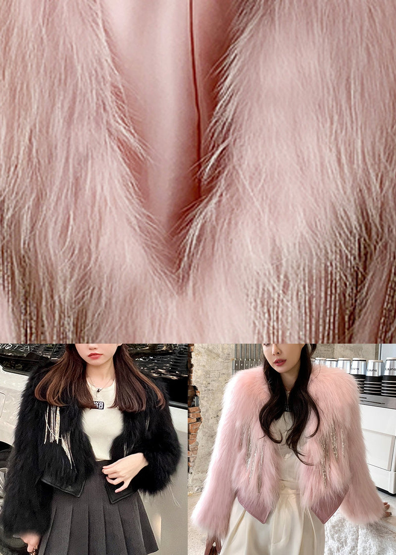 Black V Neck Patchwork Faux Leather and Faux Fur Coats Winter