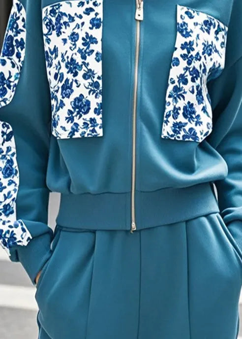 Navy Print Patchwork Cotton Jacket Fall
