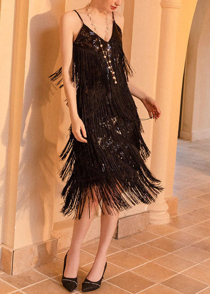 Black Tasseled Sequins Spaghetti Strap Dress Summer