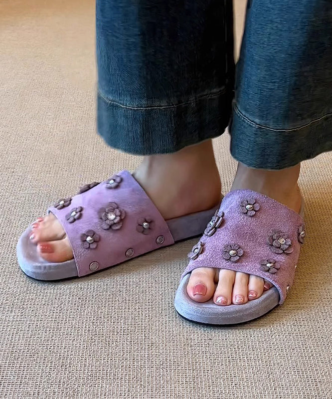 Fine Splicing Purple Suede Slide Sandals Peep Toe