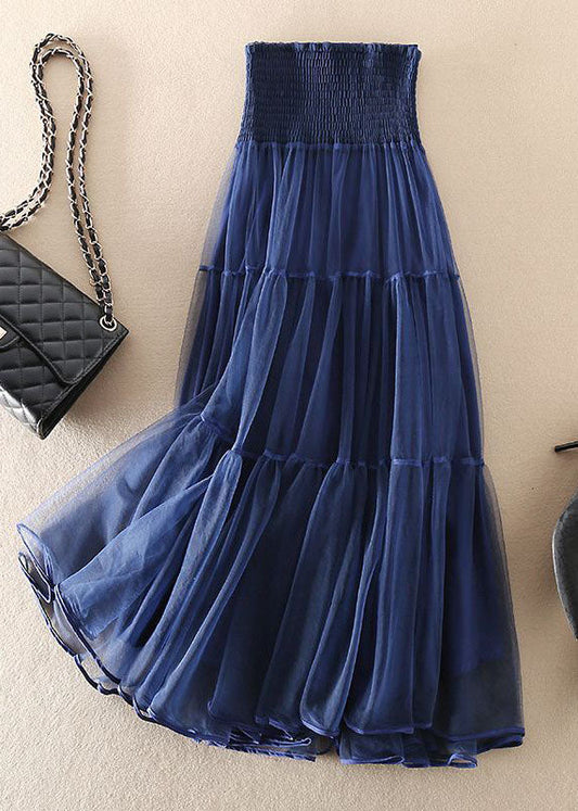 Navy High Waist Patchwork Tulle Pleated Skirt Spring