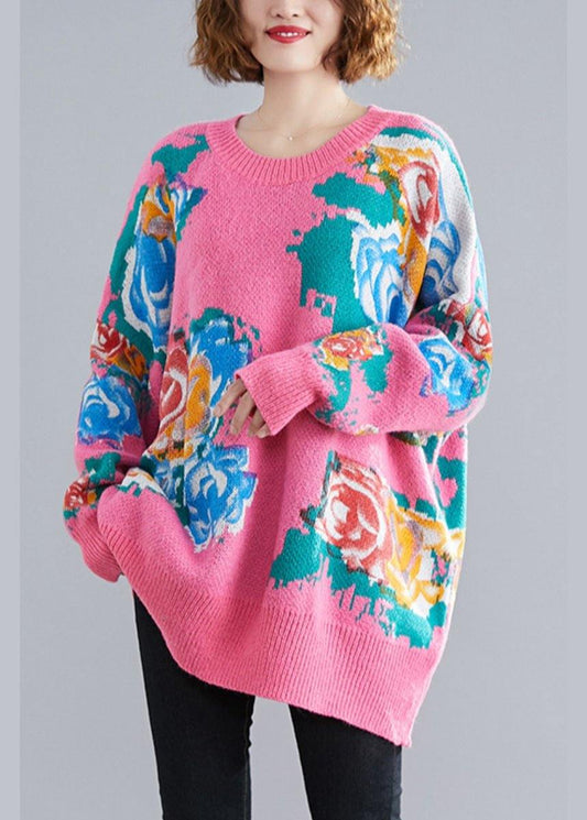 For Spring Pink Print Sweaters O Neck Knit Top Silhouette