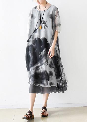 Italian Gray Print Chiffon Clothes for Ideas O Neck Pockets Summer Dress
