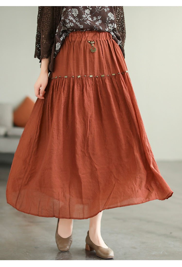 Literary High Waist Double Layer Tencel Linen Stitching Slim Skirt