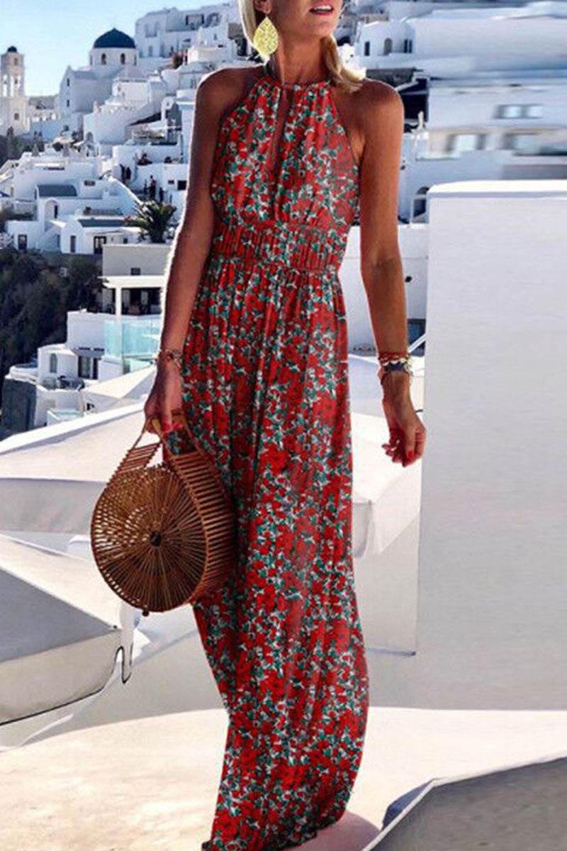 Print Patchwork Halter Pleated Dresses(4 Colors)