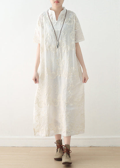 French White Linen Outfit Fine Inspiration Embroidery Stand Collar Dresses Summer Dress