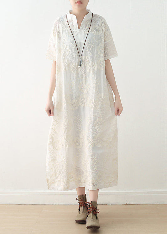 French White Linen Outfit Fine Inspiration Embroidery Stand Collar Dresses Summer Dress