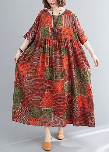 Diy Orange Red Print Cotton Linen Clothes O Neck Extra Large Hem Cotton Robes Dresses
