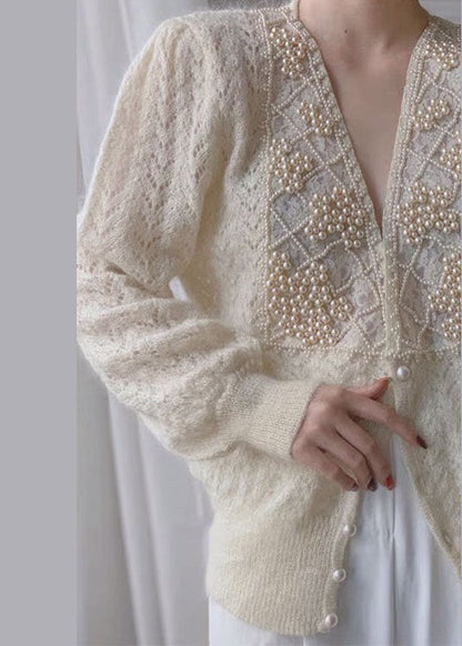 Loose Beige V Neck Pearl Button Thick Knit Coat Long Sleeve