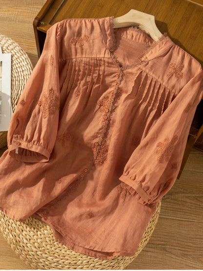 Embroidered V Neck 3/4 Sleeve Linen Shirt Top