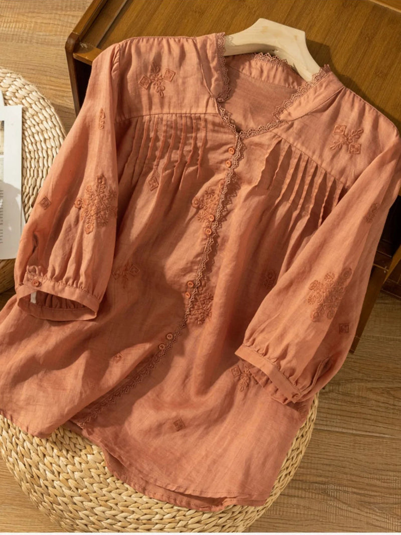 Embroidered V Neck 3/4 Sleeve Linen Shirt Top