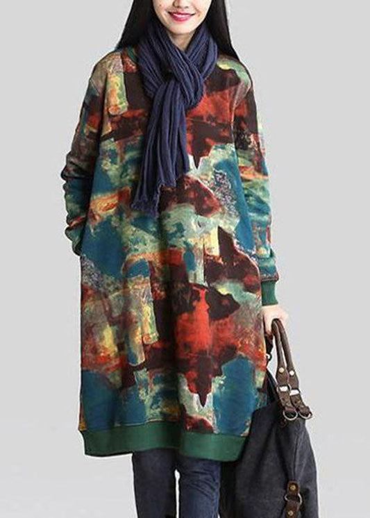 French Green O-neck Print Warm Fleece Sweatshirts Dress Winter