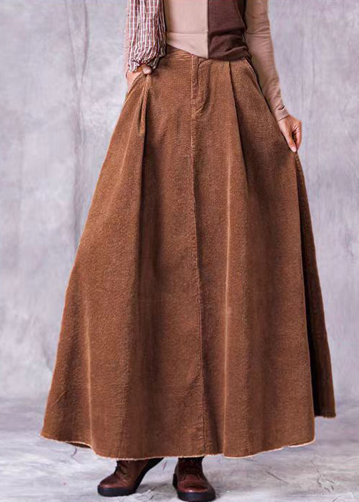 Coffee Wrinkled Pockets Corduroy Maxi Skirt Spring