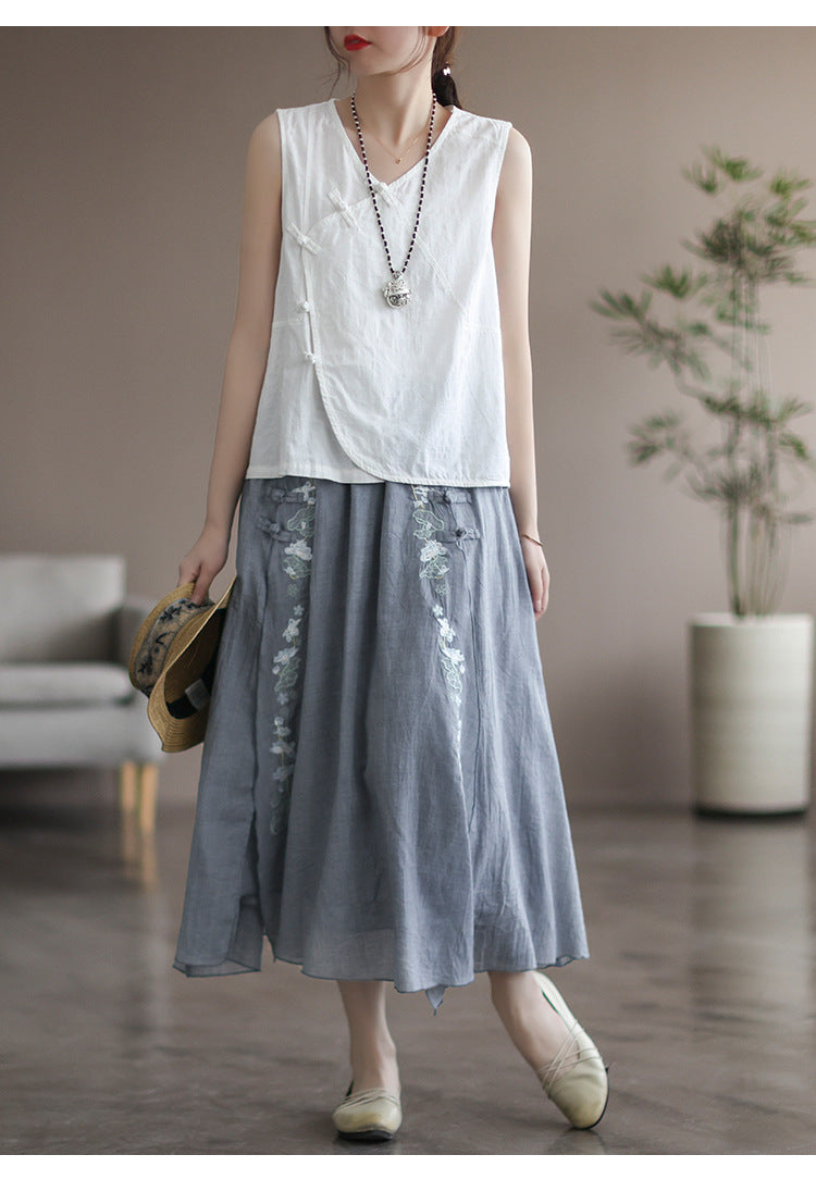 Double Cotton Linen Embroidered Buckle A-line Skirt